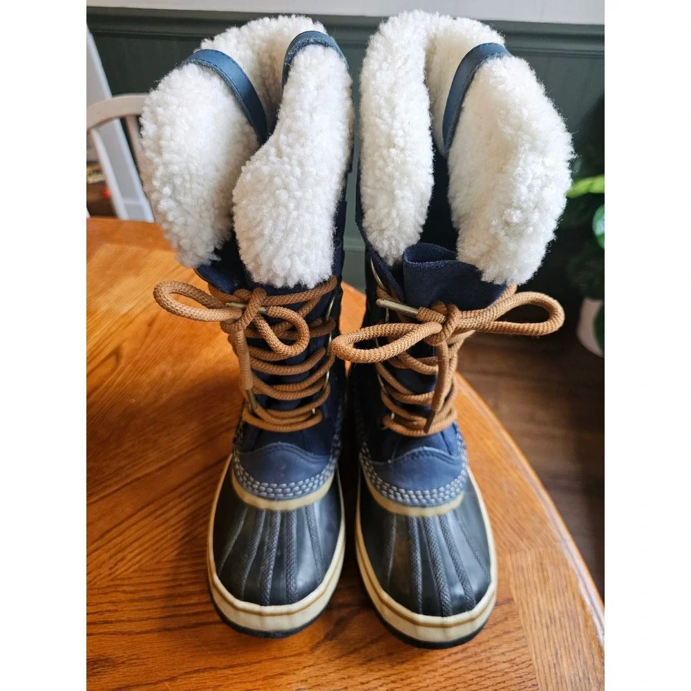 Sorel Joan of Arctic shearling Winter Snow Boots Navy Blue Waterproof Suede sz 6